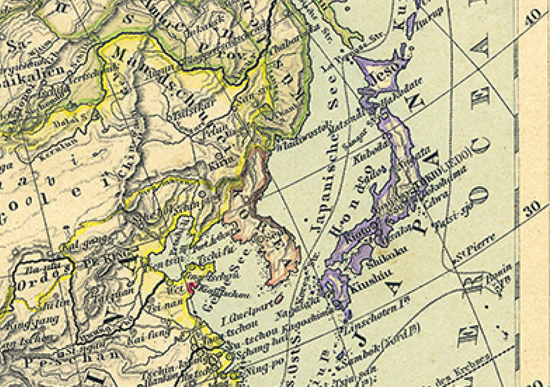 1901년 독일에서 제작된 ‘슈틸러 교육용 지리부도’ 중 아시아 지도의 일부. 독도와 근접한 울릉도는 물론이고 독도의 위·경도상 위치가 일본의 해양 경계선 바깥에 있다. 이돈수 한국해연구소장 제공