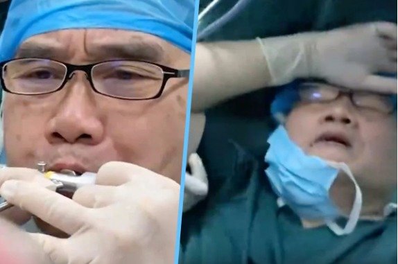 외과의사 중씨가 폐에 공기를 불어넣는 모습과 실신한 모습 - SCMP 갈무리