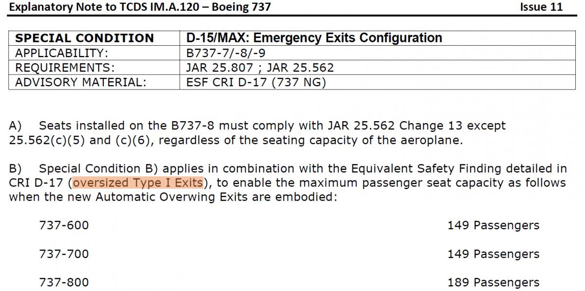 737 기종의 문 형식에 예외 규적을 적용해 승객 수를 늘릴 수 있다고 명시한 규정. 자료: EASA