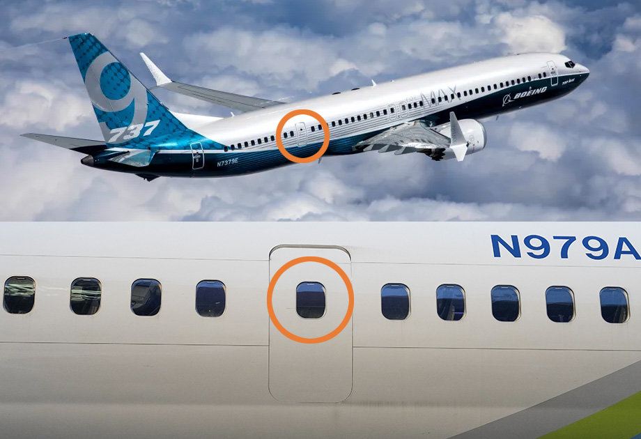 737-9 기종의 중간 부분 진짜 비상구(위)와 도어플러그(아래) 차이. 통상 비행기 출입문에는 많은 장치가 설치되기 때문에 창문 크기가 매우 작아집니다. 자료: 보잉, AP 뉴시스