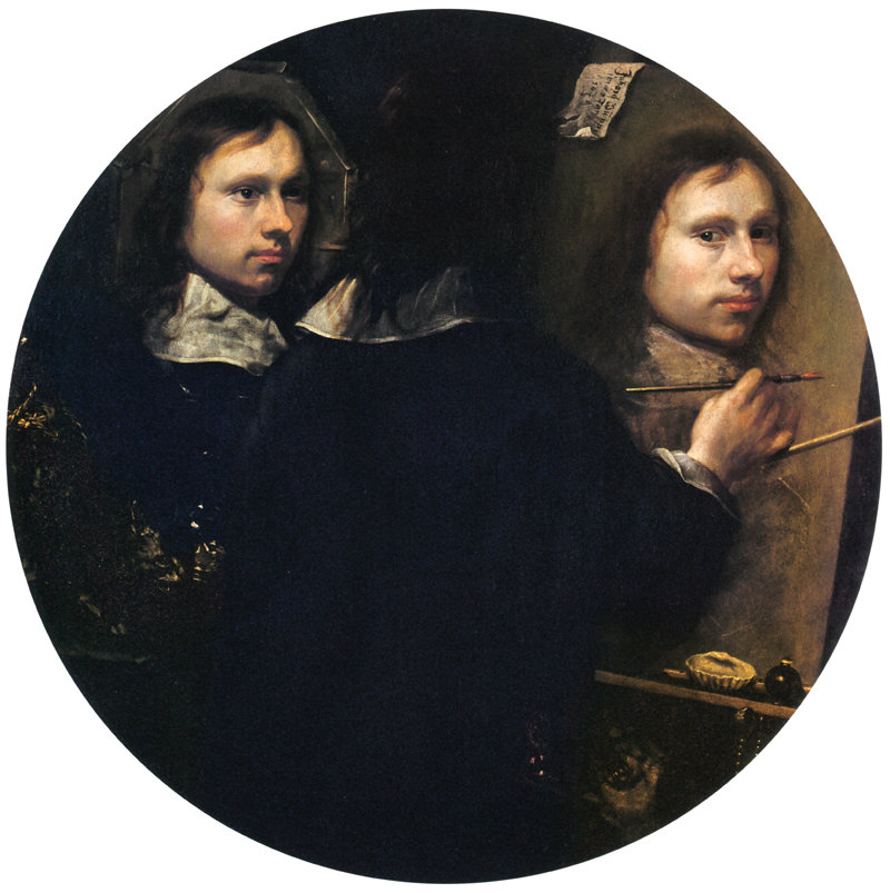 17∼18세기 화가 요한 안톤 굼프의 자화상(1646년). 자기 자신을 직접 볼 수는 없기에, 자화상을 그리려면 누구든 거울에 
비친 모습을 따라 그리거나 상상하여 그릴 수밖에 없다. 엄밀한 의미의 자화상은 없는 셈이다. 사진 출처 위키갤러리
