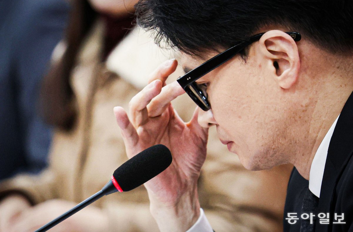 22일 한 위원장이 김경률 비대위원의 발언을 듣는 도중 안경을 고쳐 쓰고 있다. 박형기 기자 oneshot@donga.com