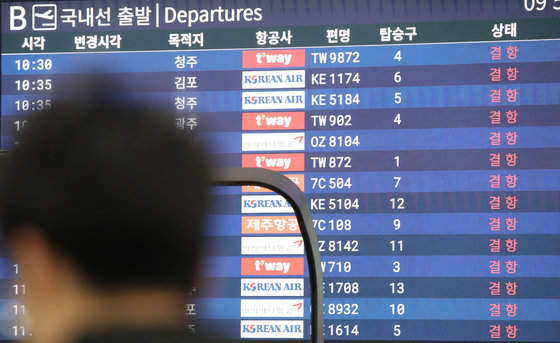 23일 오전 제주국제공항 국내선 출발장 전광판에 결항 안내가 뜨고 있다. 2024.1.23/뉴스1