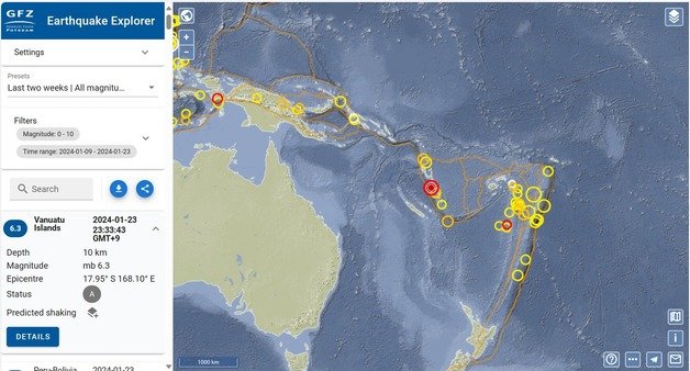바누아투 제도에 발생한 규모 6.3 지진. 중앙의 빨간 원 부분이다. (독일 지구과학연구센터(GFZ)웹사이트 갈무리)