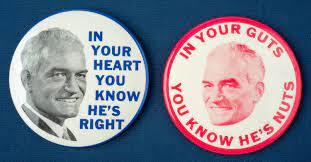 1964년 대선에서 배리 골드워터 공화당 후보의 슬로건(왼쪽)과 린든 존슨 민주당 후보의 슬로건(오른쪽). 린든 존슨 대통령 도서관 홈페이지