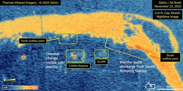 북한전문매체 38노스는 영변 핵시설을 촬영한 고해상도 열화상 이미지를 바탕으로 ELWR 원자로 격납건물의 온도가 크게 감소한 것으로 나타났다고 전했다. 38노스는 ELWR에 연결된 배전 시설에서 열 신호가 감지됐고, 냉각 라인에서 열수가 지속해서 배출되고 있다고 했다.(38노스 갈무리)