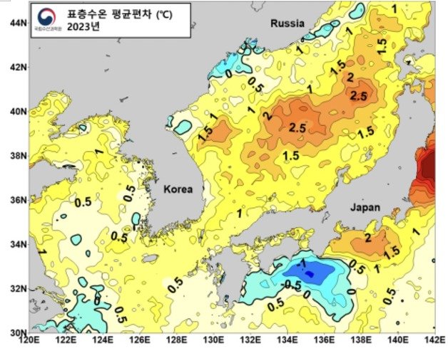 지난 20년 대비 지난해 연평균 표층수온의 편차분포도.(국립수산과학원 제공)