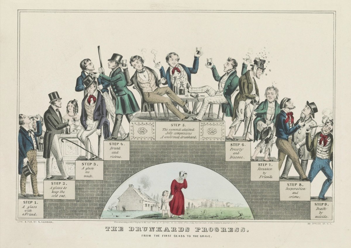 미국 화가 너새니얼 커리어가 1846년 그린 석판화 ‘술고래의 여정’. 술 한 잔으로 시작해 극단적 선택으로 끝나는 남자의 모습을
 묘사했다. 19세기 중반 알코올 의존증에 반하는 미국의 절제 운동을 상징한다. 사진 출처 위키피디아