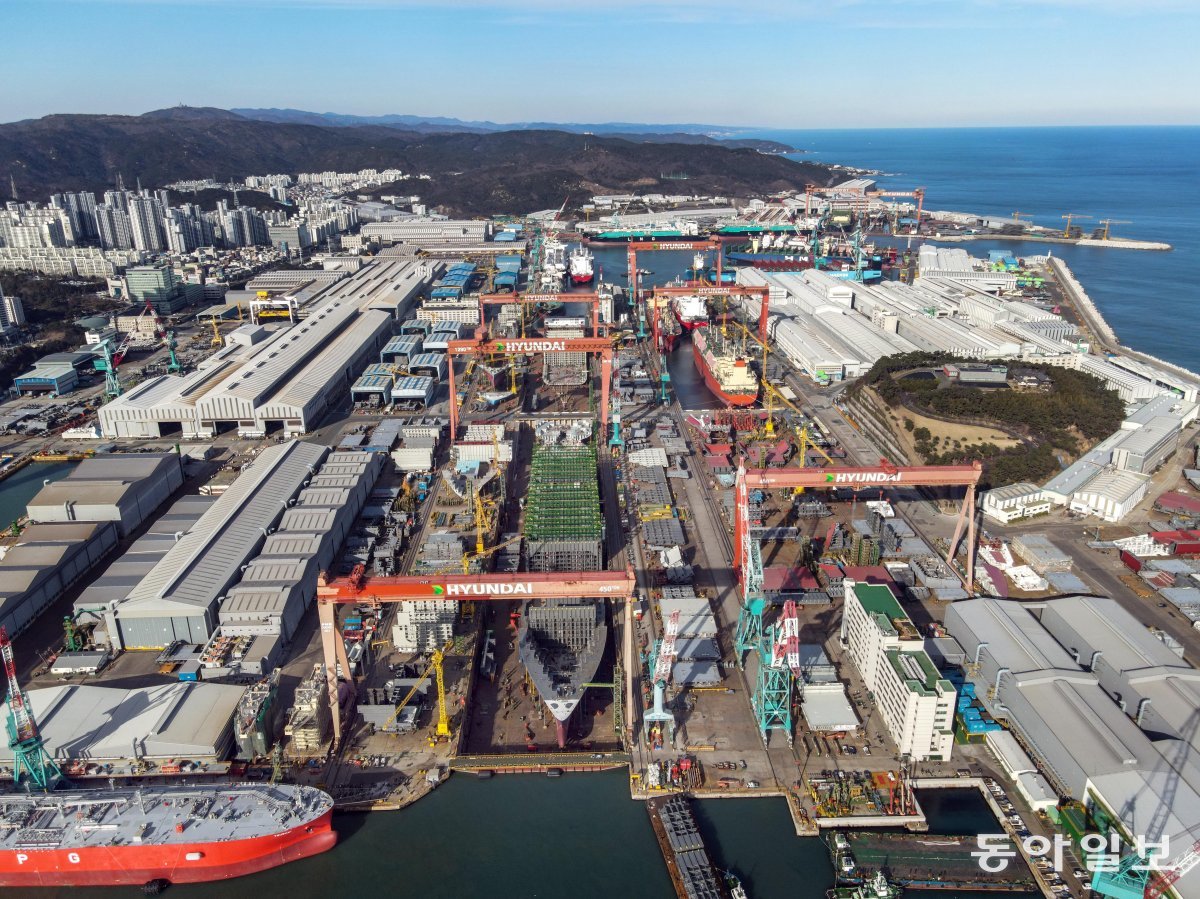 지난해 12월 29일 건조 중인 선박들로 독(dock)과 안벽이 채워진 HD현대중공업 울산조선소 전경. HD현대중공업 제공