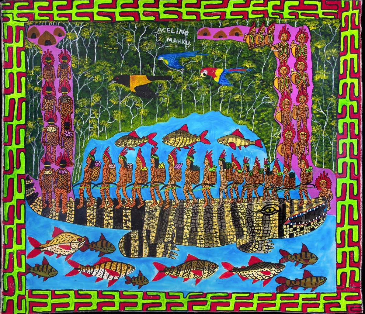 후니쿠인 예술가 운동의 작품 ‘카페나웨 푸케니부(Kapenawe Pukenibu)’. 태초에 인간이 바다를 건너도록 거대한 악어가 다리를 놓아 주었다는 전설을 담고 있다. 상파울루미술관 제공