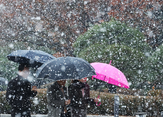 전국 대부분 지역에 비나 눈이 내린 15일 서울 여의도 국회에서 우산을 쓴 시민들이 몰아치는 눈보라 속에 발걸음을 재촉하고 있다. 2024.2.15/뉴스1