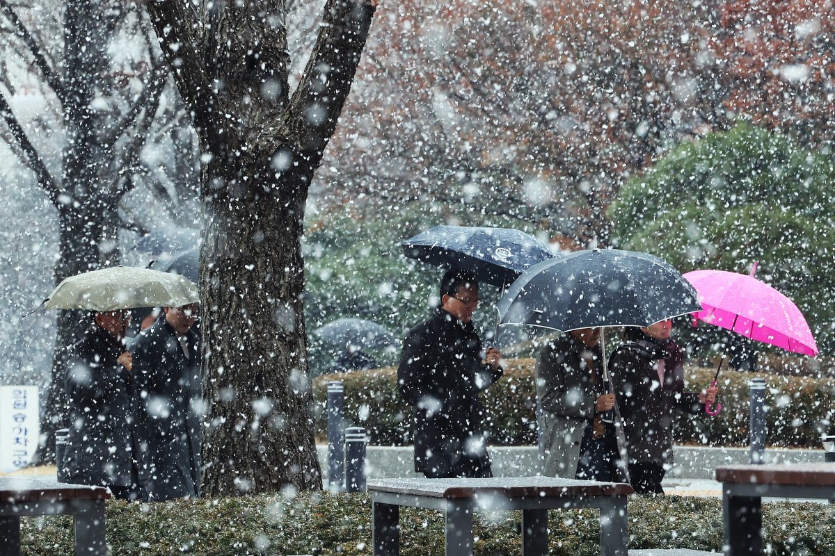 전국 대부분 지역에 비나 눈이 내린 15일 서울 여의도 국회에서 우산을 쓴 시민들이 몰아치는 눈보라 속에 발걸음을 재촉하고 있다. 2024.2.15/뉴스1