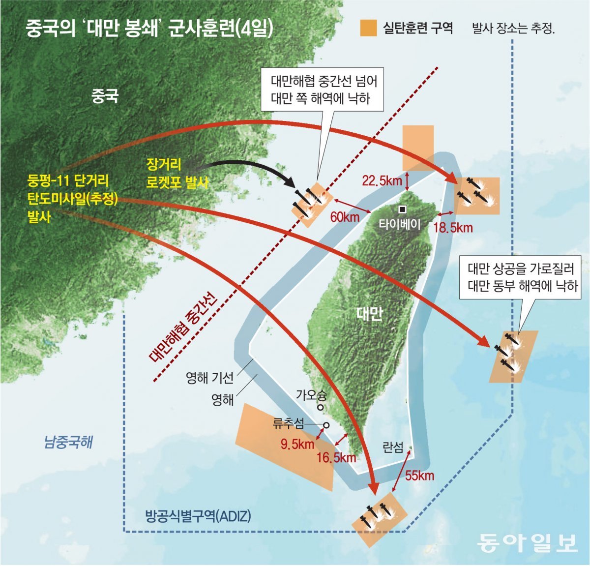 2022년 8월 낸시 펠로시 미 하원의장이 대만에 도착한 직후 중국군이 벌인 대만 봉쇄 군사훈련.   동아일보DB