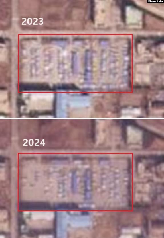 북한 개성공단 버스 차고지를 촬영한 지난해 2월 21일 자 위성사진(위)과 올해 2월 16일 자 위성사진. (플래닛 랩스) VOA 홈페이지