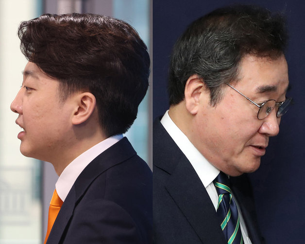 이준석 개혁신당 대표(왼쪽)와 이낙연 새로운미래 공동대표가 20일 서울 여의도 국회와 당사에서 각각 합당 철회 관련 기자회견을 하고 있다. 둘은 함께한 지 열흘 만에 갈라섰다. 2024.2.20/뉴스1