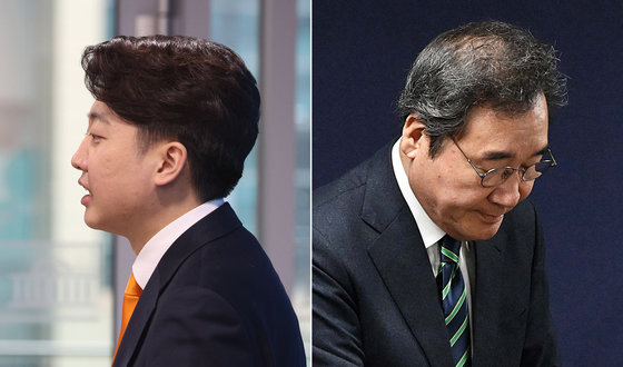 이준석 개혁신당 대표(왼쪽)와 이낙연 새로운미래 공동대표가 20일 서울 여의도 국회와 당사에서 각각 합당 철회 관련 기자회견을 하고 있다. 둘은 함께한 지 열흘 만에 갈라섰다. 2024.2.20/뉴스1