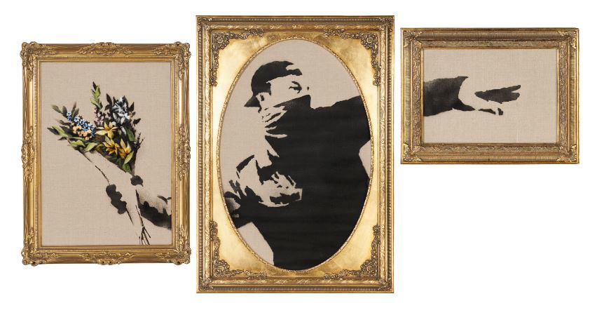 수집광으로 알려진 팝 거물 엘턴 존이 경매에 내놓은 영국 화가 뱅크시의 ‘꽃을 던지는 사람’. 사진 출처 경매사 크리스티 홈페이지
