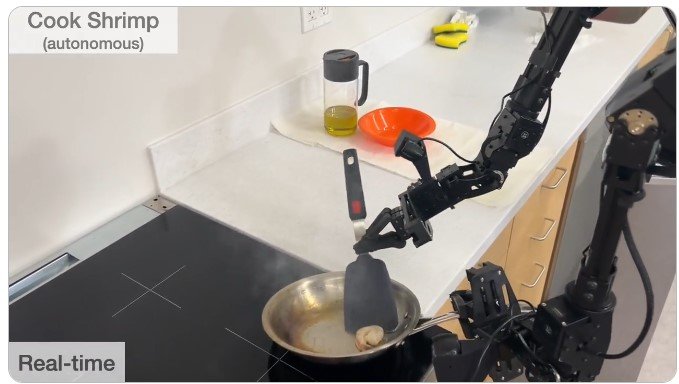스탠퍼드대 연구팀이 지난달 공개한 알로하 영상의 캡처 화면. 새우를 요리하고, 프라이팬을 설거지하고, 와인잔을 들어 흘린 와인을 닦고, 의자를 정리하는 등 각종 가사일을 수행하는 양팔 로봇이다.
