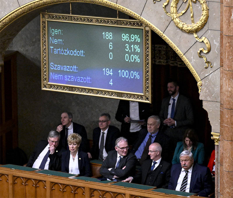 스웨덴 나토 가입… 찬성 188-반대 6 헝가리 부다페스트에 있는 의회에 설치된 전광판에 26일 의회 본회의에서 
진행된 스웨덴의 북대서양조약기구(NATO·나토) 가입 비준 투표 결과가 뜨고 있다. 헝가리는 찬성 188표, 반대 6표로 스웨덴의
 나토 가입 비준안을 가결했다.  부다페스트=AP 뉴시스