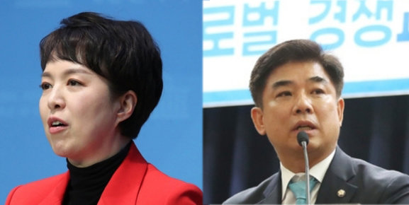 김은혜 전 대통령홍보수석비서관(왼쪽)과 김병욱 더불어민주당 의원. 뉴스1