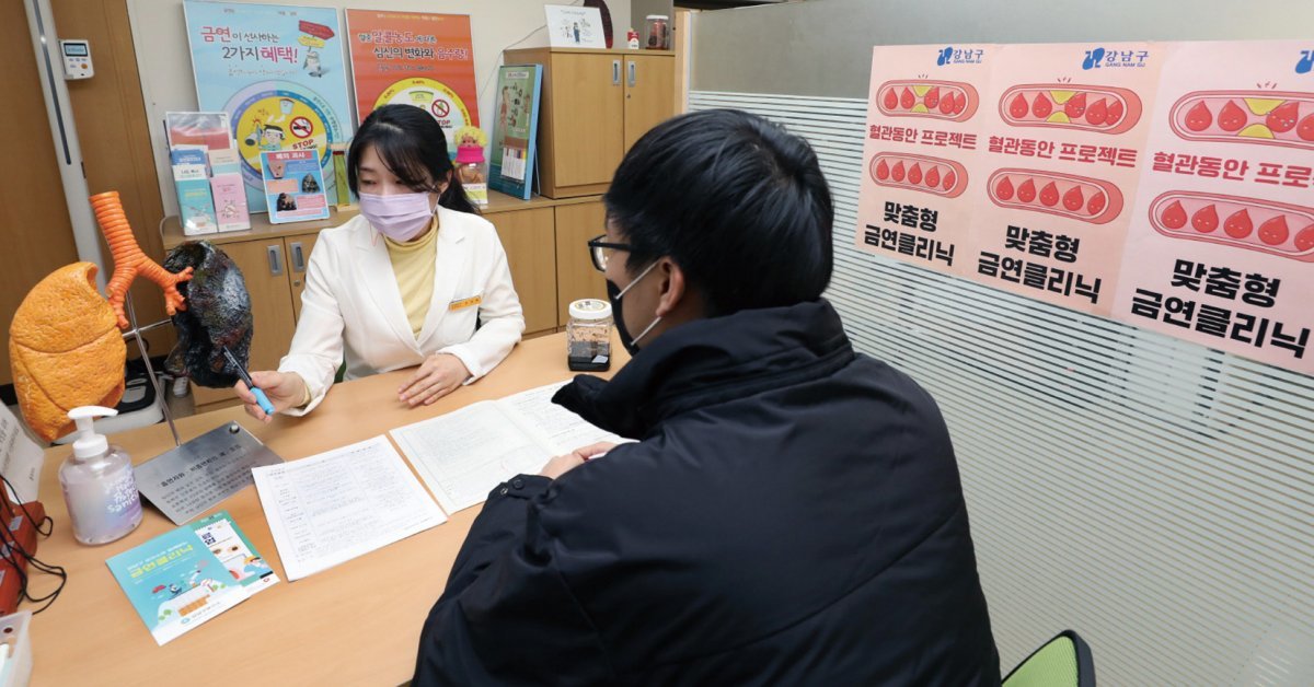 강남구 금연 클리닉에서 금연상담사가 흡연으로 검게 변한 폐를 가리키며 설명하고 있다. 강남구 제공