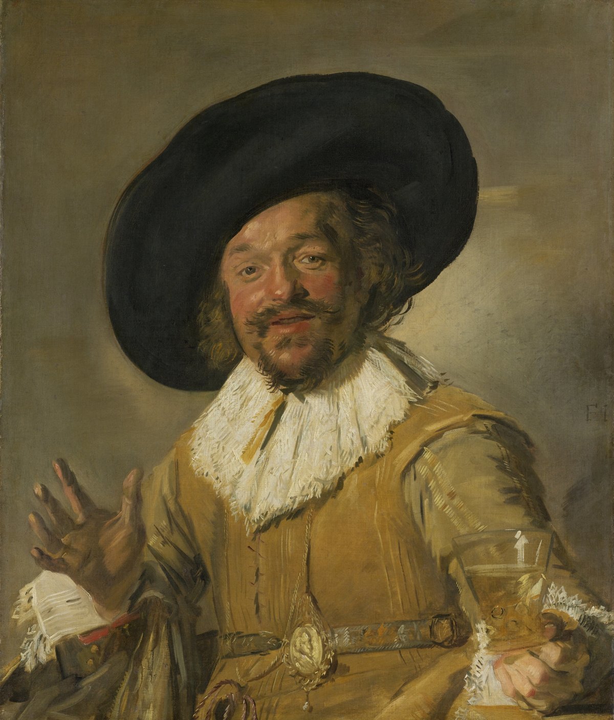 술잔을 앞으로 내밀며 말을 거는 듯한 모습의 남자를 그린 프란스 할스의 초상화 ‘즐거운 술꾼’(1628∼1630년). 그림의 
주인공은 정확히 밝혀지지 않았지만 물감을 여러 층으로 쌓아 올리고, 붓 터치가 그대로 보이는 할스 특유의 표현이 잘 드러나는 
대표작이다. 레익스미술관 제공