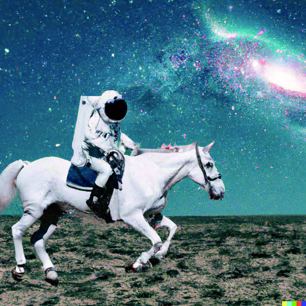 ‘말을 타고 달리는 우주인을 실사 사진 형태로’라는 프롬프트에 따라 AI가 만들어낸 이미지. 사진 출처 오픈AI의 DALL.E-2 서비스 openai.com/dall-e-2
