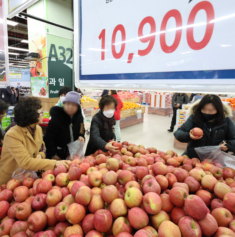 할인행사에도 ‘금 사과’ 10일 서울의 한 대형마트에서 시민들이 사과를 고르고 있다. 지난달 사과 가격은 1년 전보다
 71.0% 뛰며 고공행진을 이어갔다. 사과는 앞으로 최소 4개월가량 높은 가격을 유지할 것으로 전망된다. 한국농촌경제연구원은 
농가 고령화 등으로 사과 재배 면적도 올해 3만3800ha에서 2033년 3만900ha로 8.6% 줄어들 것으로 보고 있다. 
뉴스1