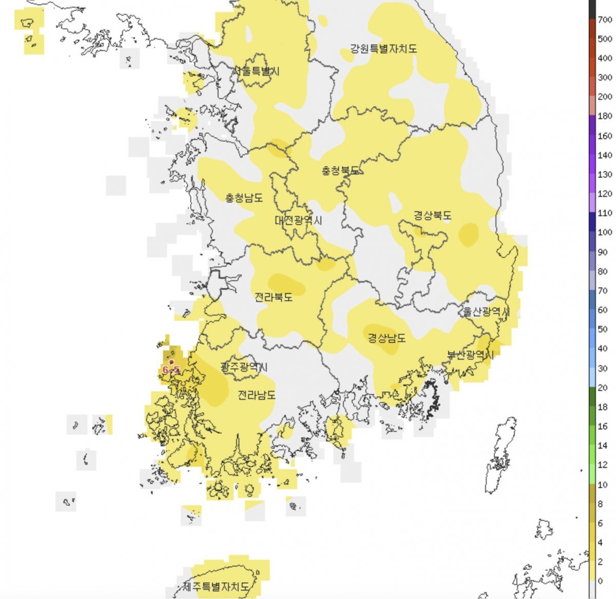 12일 오후 5시 기준 전국 강수량(기상청 제공) ⓒ 뉴스1