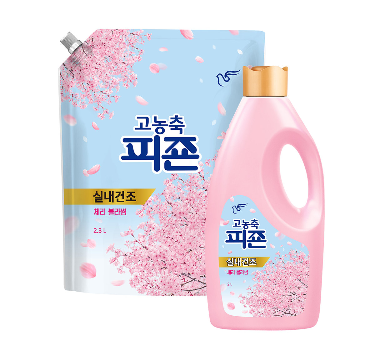 ‘고농축 피죤 실내건조 체리블라썸’ 2.3L(왼쪽)와 2L. 피죤 제공