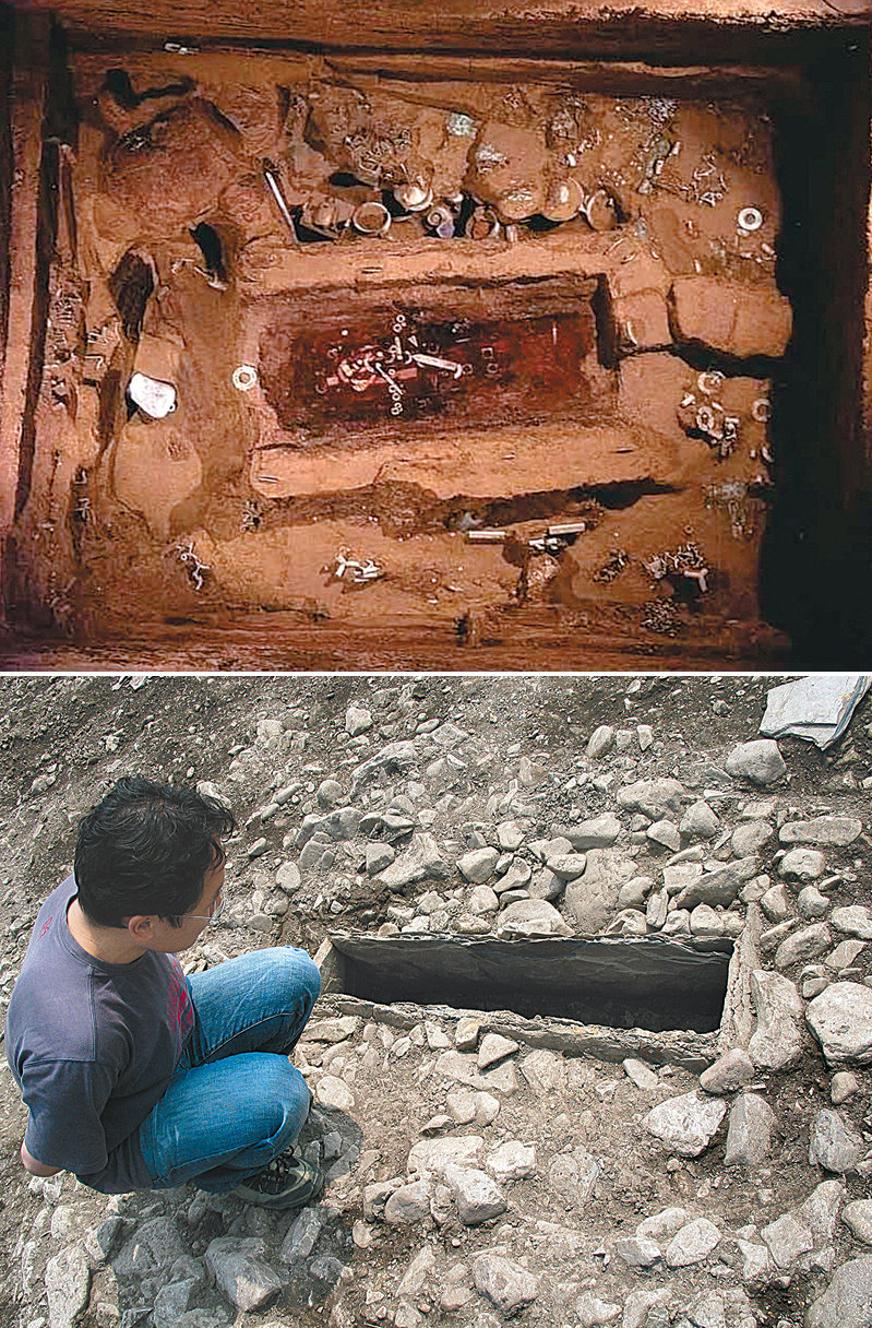 중국 산시성에 있는 춘추시대(기원전 800년∼기원전 500년) 예국 귀족 부인의 무덤(위 사진). 이곳에서는 무덤 축조 시기보다 훨씬 앞선 홍산 문화(기원전 4500년∼기원전 3000년) 시기 옥기가 발굴되었다. 과거 무덤을 파묘해 거기서 꺼낸 옥기를 함께 묻은 것으로 추정된다. 신석기 시대에도 파묘와 이장이 흔했는데, 무덤방이 작은 고인돌은 대부분 이차장 된 경우다. 경남 창원시 진동리 고인돌 무덤방(아래 사진). 강인욱 교수 제공·사진 출처 ‘예국’ 보고서(산시성고고연구소·2007년)