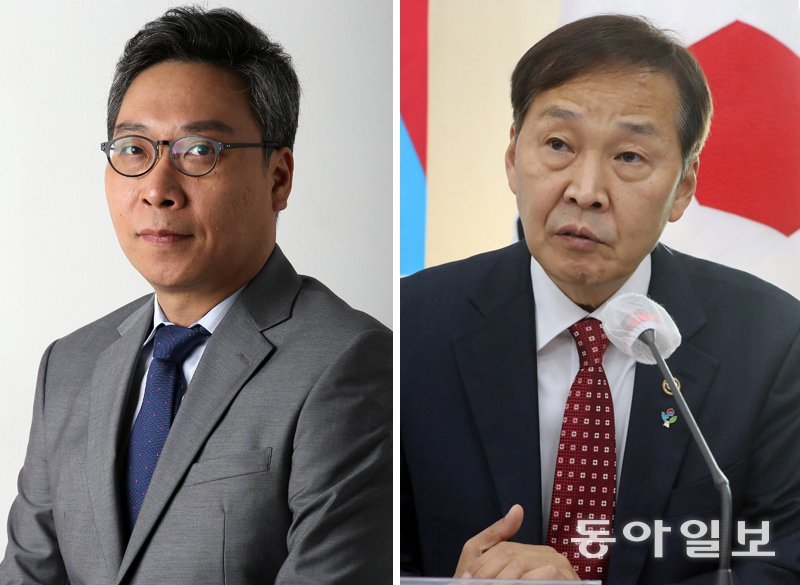 정연욱 전 동아일보 논설위원(왼쪽)과 김기웅 전 통일부 차관. 동아일보 DB