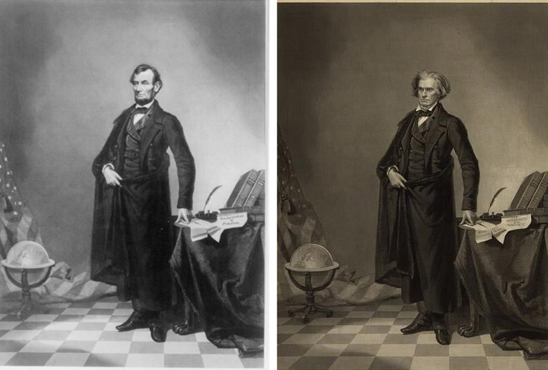1860년 미국의 16대 대통령 에이브러햄 링컨의 초상 사진(왼쪽). 이 사진은 미국의 7번째 부통령 존 캘훈의 사진을 합성한 조작 사진이다. 필름 겹치기 기법이 쓰였다. 사진 출처 위키피디아·위키미디어 공용