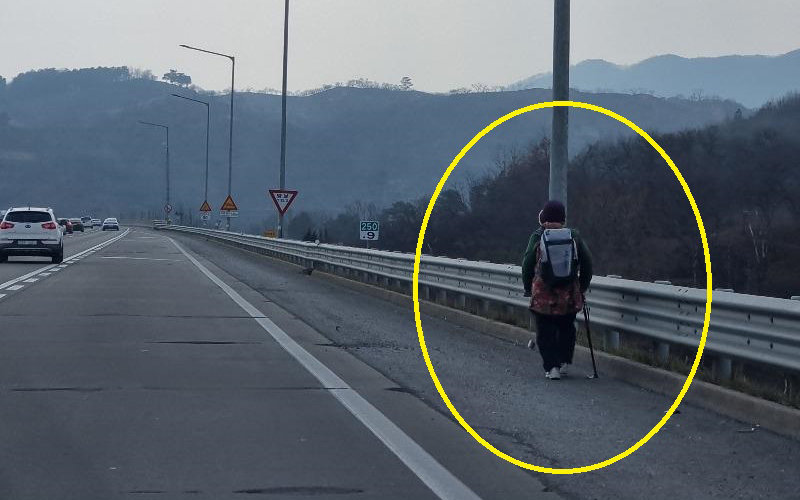 노인이 고속도로 갓길을 걷는 모습. 자동차 온라인 커뮤니티 ‘보배드림’ 캡처