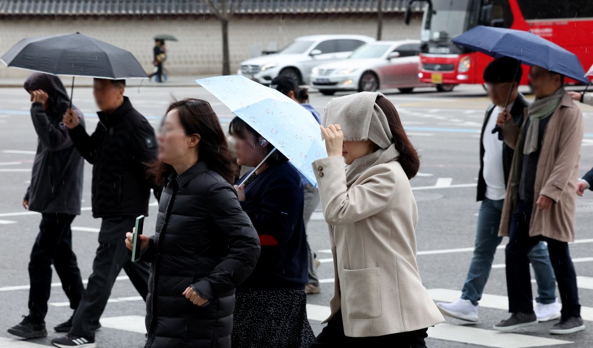 봄비가 내린 25일 오후 서울 종로구 경복궁 인근에서 우산을 준비하지 못한 시민이 옷으로 비를 피하고 있다. 2024.3.25 뉴스1