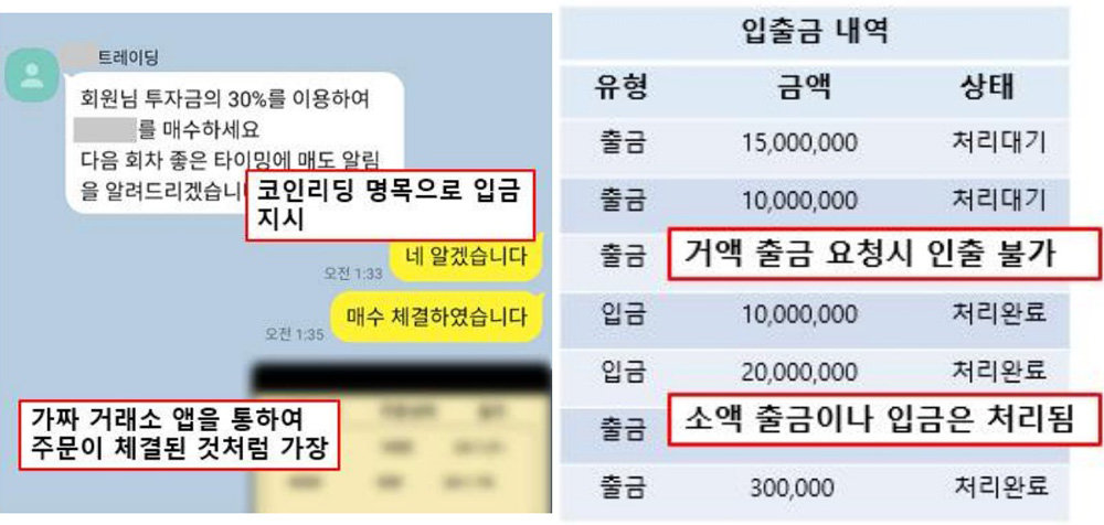 투자방 참여형 사기 유형의 채팅방 및 거래 사이트 예시 / 출처=금융감독원