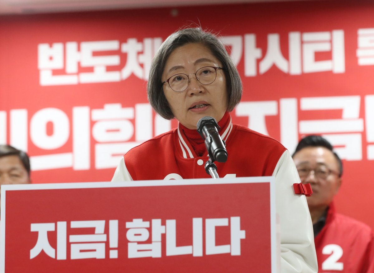 이수정 국민의힘 수원정 후보가 18일 오전 경기 수원시 영통구 경기도의회에서 열린 ‘국민의힘 반도체 공약 합동발표 기자회견’에서 공약을 발표하고 있다. 2024.3.18/뉴스1