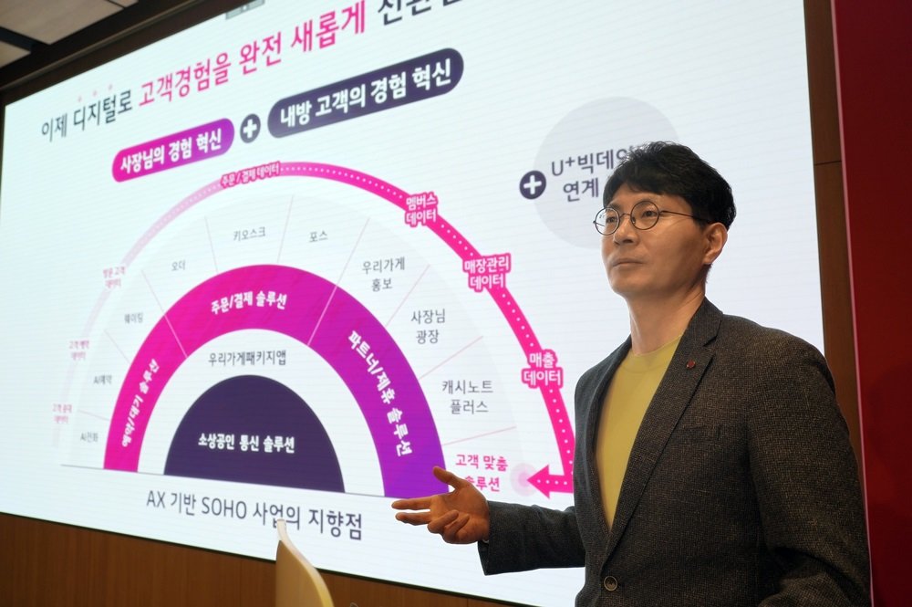 '우리가게패키지 AX솔루션'을 소개 중인 박성율 LG유플러스 기업사업그룹장(전무) / 출처=LG유플러스