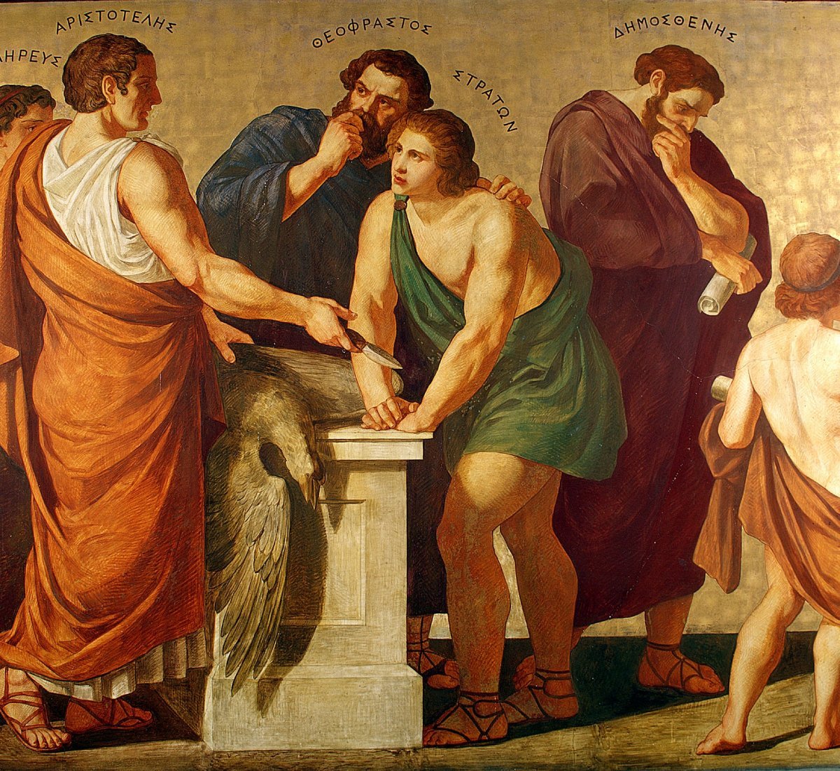 아테네 대학 벽면을 장식하고 있는 고대 그리스 철학자들. 테오프라스토스(왼쪽에서 두 번째)와 아리스토텔레스(왼쪽) 등이 그려져 
있다. 테오프라스토스는 아리스토텔레스의 친구이자 그의 학파를 계승한 뛰어난 철학자였다. 그의 저작인 ‘성격의 유형들’은 30가지 
꼴사나운 인간형을 설명한 책으로 서양 예법서의 시원이라고 할 만한 책이다. 사진 출처 위키피디아