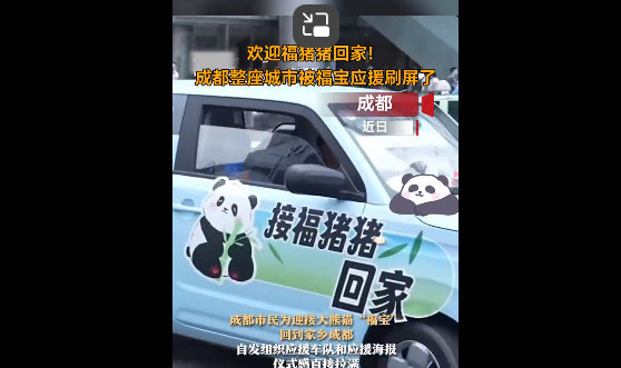 최근 청두 시내에서 포착된 푸바오 환영 차량. 웨이보