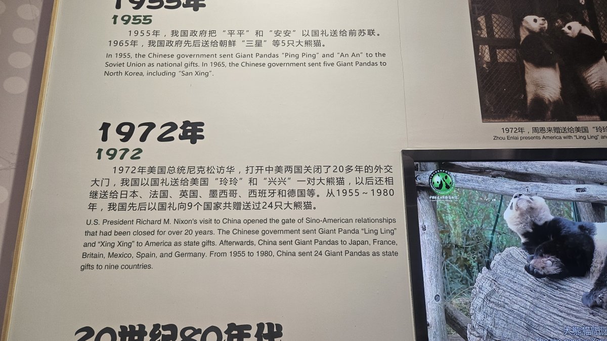 중국 쓰촨성 워룽 선수핑 기지의 판다 박물관에 판다 외교의 역사가 소개되어 있다.