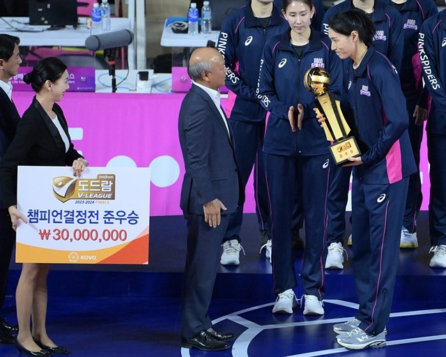 2023~2024시즌 준우승팀 대표로 시상식에 나선 김연경(오른쪽). 한국배구연맹(KOVO) 제공