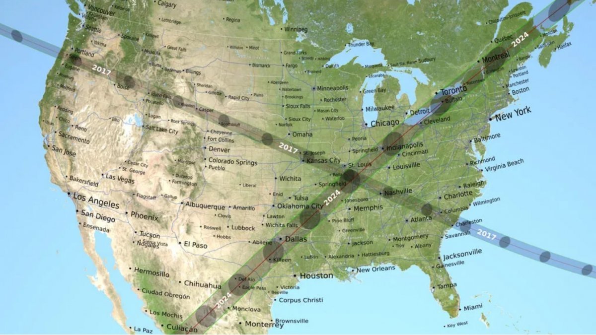 2017년 개기일식 경로(우하향 대각선)는 미 오리건주에서 사우스캐롤라이나주로 이어졌으나, 올해 개기일식(우상향 대각선)은 멕시코 국경에서 미 텍사스주로 넘어가 메인주에서 캐나다 상공으로 빠진다. 사진 출처 미 항공우주국(NASA) 홈페이지
