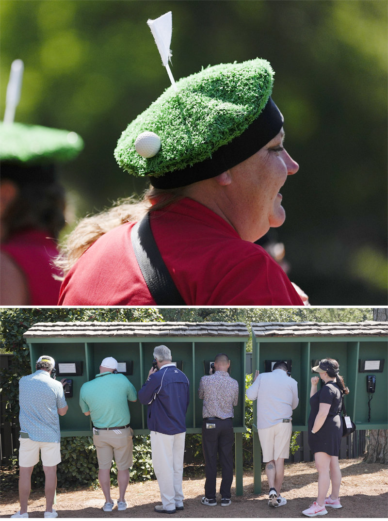 ‘그린 모자’ 쓴 갤러리… 스마트폰 대신 공중전화 미국프로골프(PGA)투어 시즌 첫 메이저대회 마스터스 
개막을 이틀 앞둔 9일 한 갤러리가 그린 모양으로 된 모자를 쓴 채 연습 라운드를 지켜보고 있다(위쪽 사진). 이 모자는 마스터스
 기념품 중 최다 판매 기록을 자랑한다. 마스터스 기간 대회장인 오거스타 내셔널 골프클럽에는 스마트폰 등 사진이나 동영상을 전송할
 수 있는 전자 기기를 반입할 수 없기 때문에 공중전화가 여전히 인기다. 오거스타=AP 뉴시스
