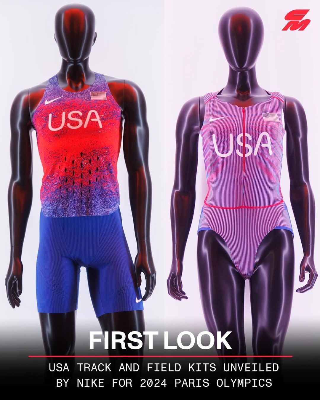 11일 나이키가 공개한 2024 파리 올림픽의 미국 육상 국가대표팀 경기복. 오른쪽 여성용 유니폼이 골반이 드러날 만큼 짧아 신체가 과하게 노출된다는 비판이 제기됐다. 사진 출처 시티우스 X(옛 트위터)