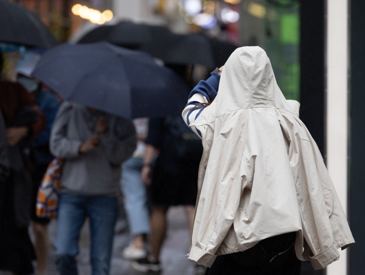 전국 대부분 지역에 비가 내리는 15일 오후 서울 중구 명동거리에서 우산을 준비하지 못한 외국인 관광객이 발걸음을 재촉하고 있다. 2024.4.15 뉴스1