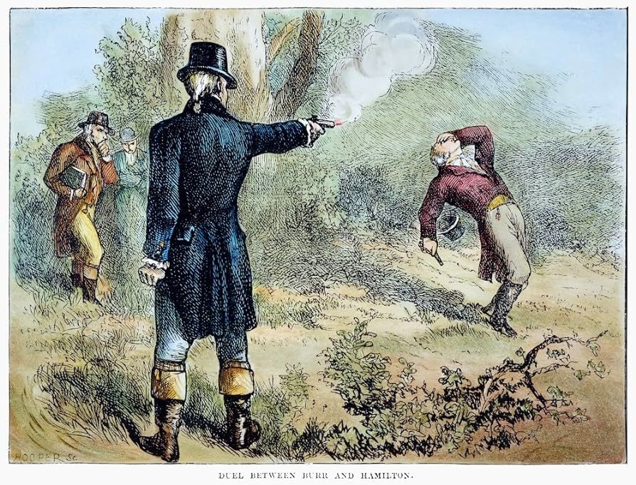 1800년 대선 후 벌어진 결투에서 알렉산더 해밀턴(오른쪽)이 에런 버(왼쪽)의 총에 맞는 모습을 그린 그림. 미국 의회도서관 홈페이지