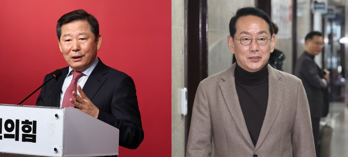 국민의힘 원내대표 후보로 꼽히는 이철규 의원(왼쪽)과 김도읍 의원