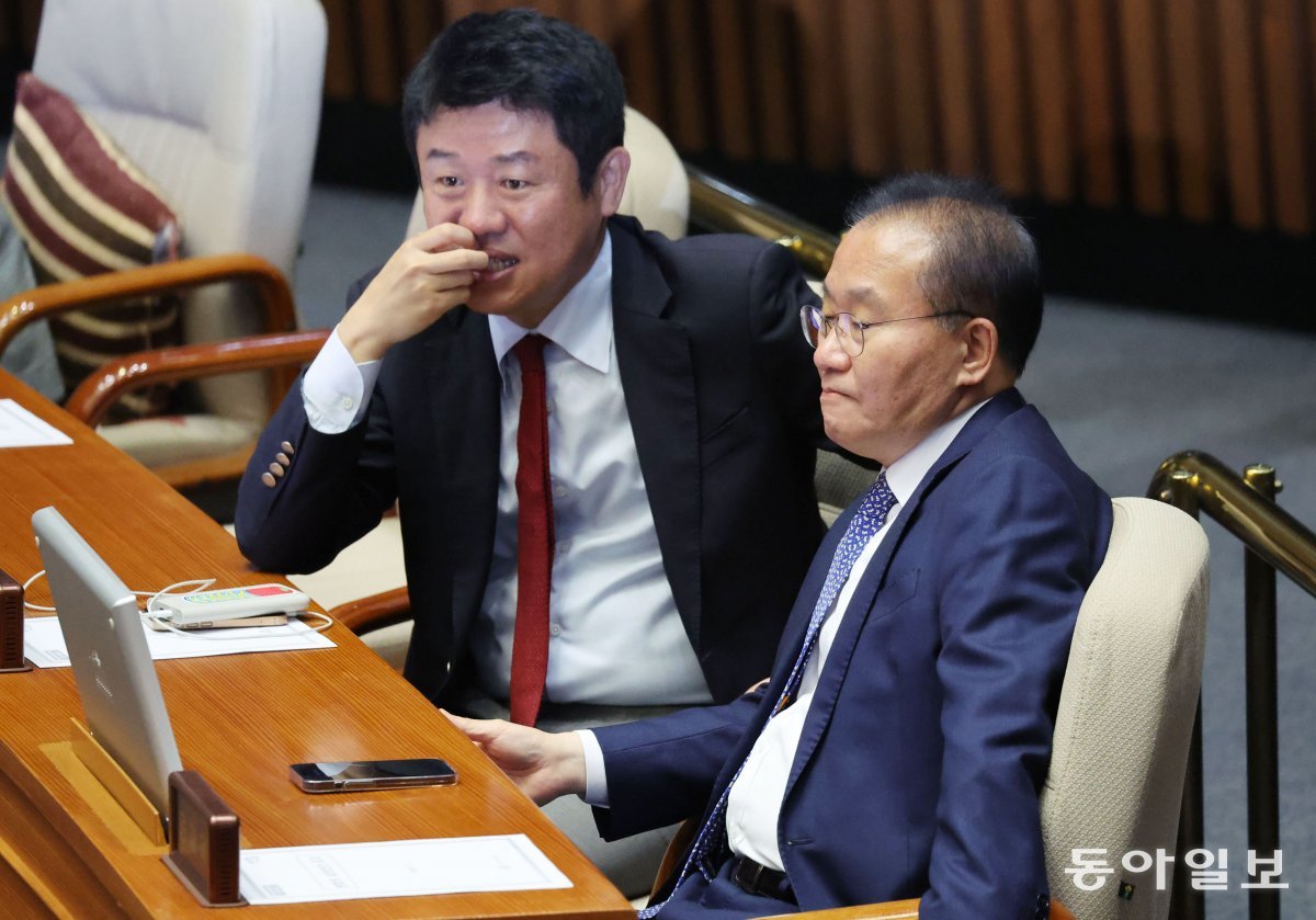 2일 국민의힘 윤재옥 당 대표 권한대행이 본회의에서 굳은 표정을 짓고 있다. 박형기 기자 oneshot@donga.com