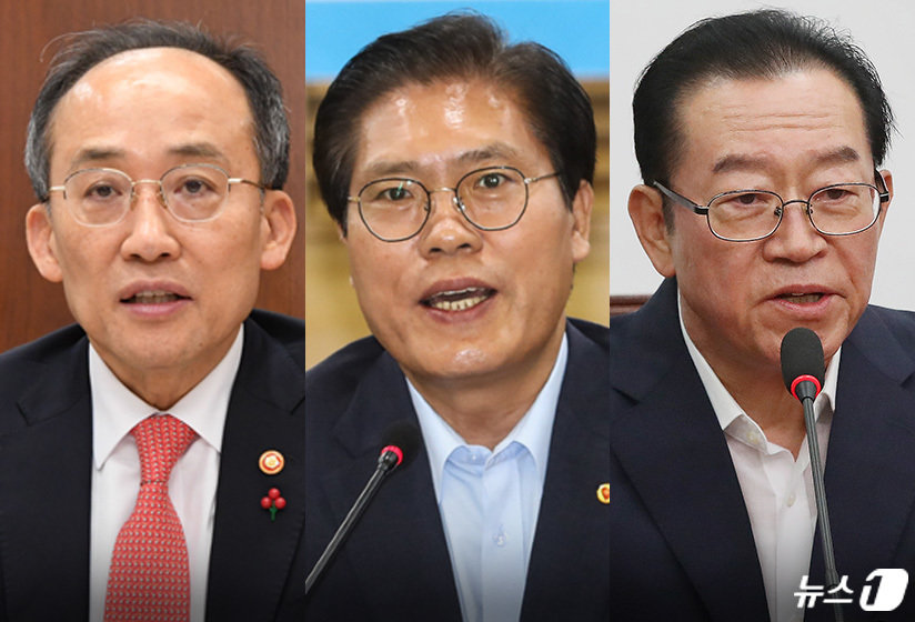 9일 실시되는 국민의힘 원내대표 선거에 출마 의사를 밝힌 추경호, 송석준, 이종배 의원(왼쪽부터)  ⓒ News1
